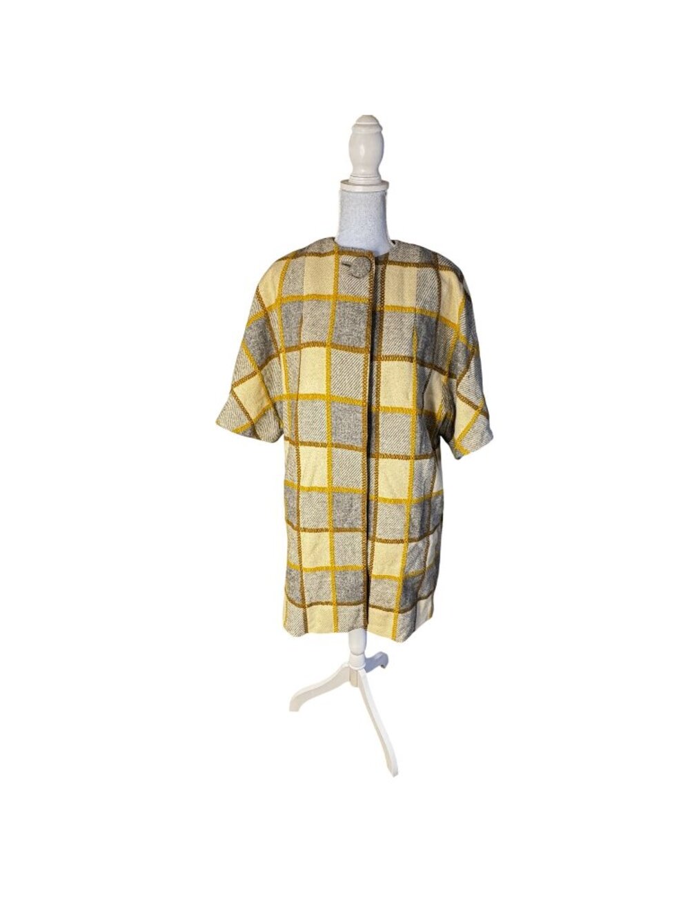 1950s Vintage Plaid Wool Blend Short-Sleeve Coat Yellow & Gray Checkered Open Fr